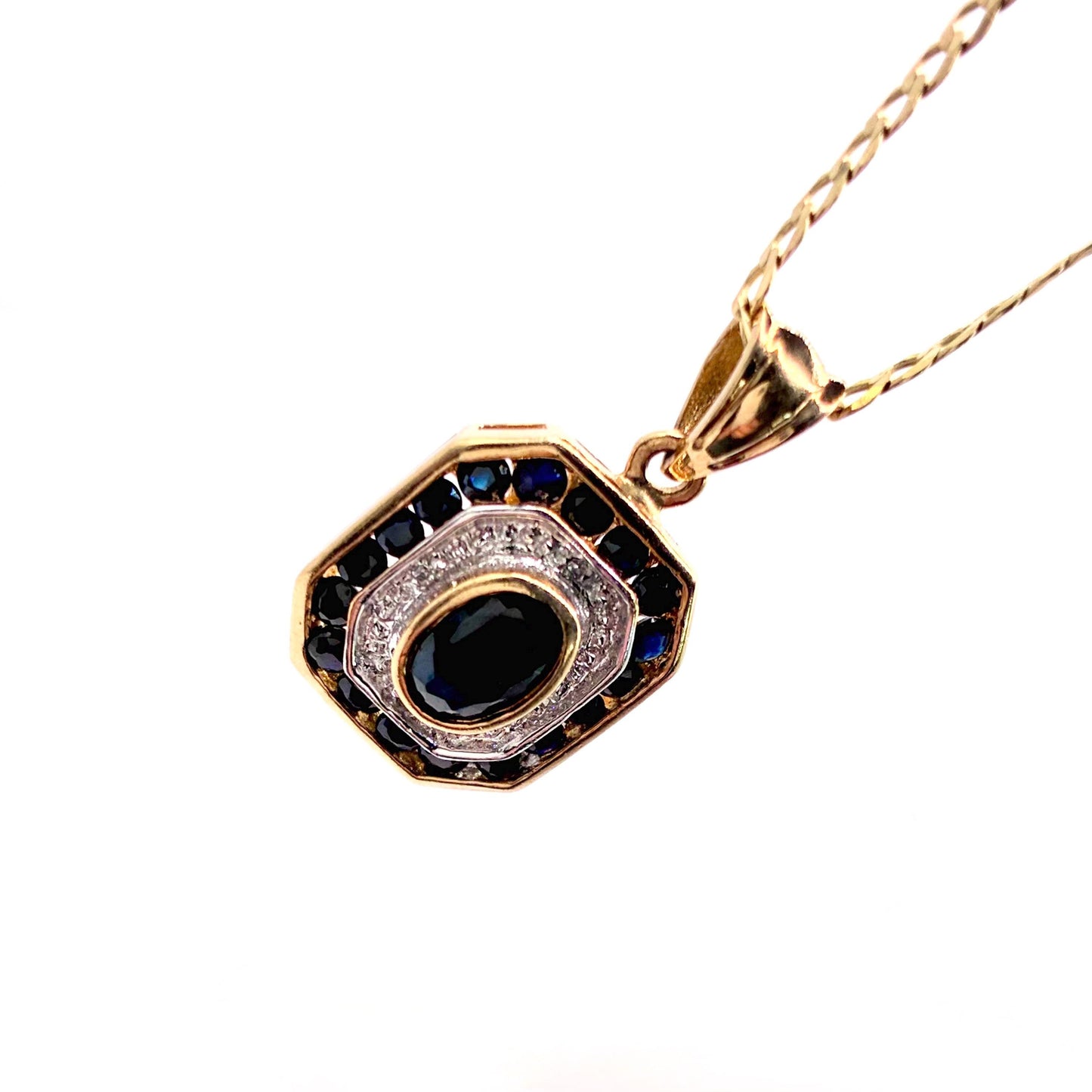 Vintage 1980s 9ct Gold Sapphire and Diamond Pendant Necklace, 18 Inch Chain