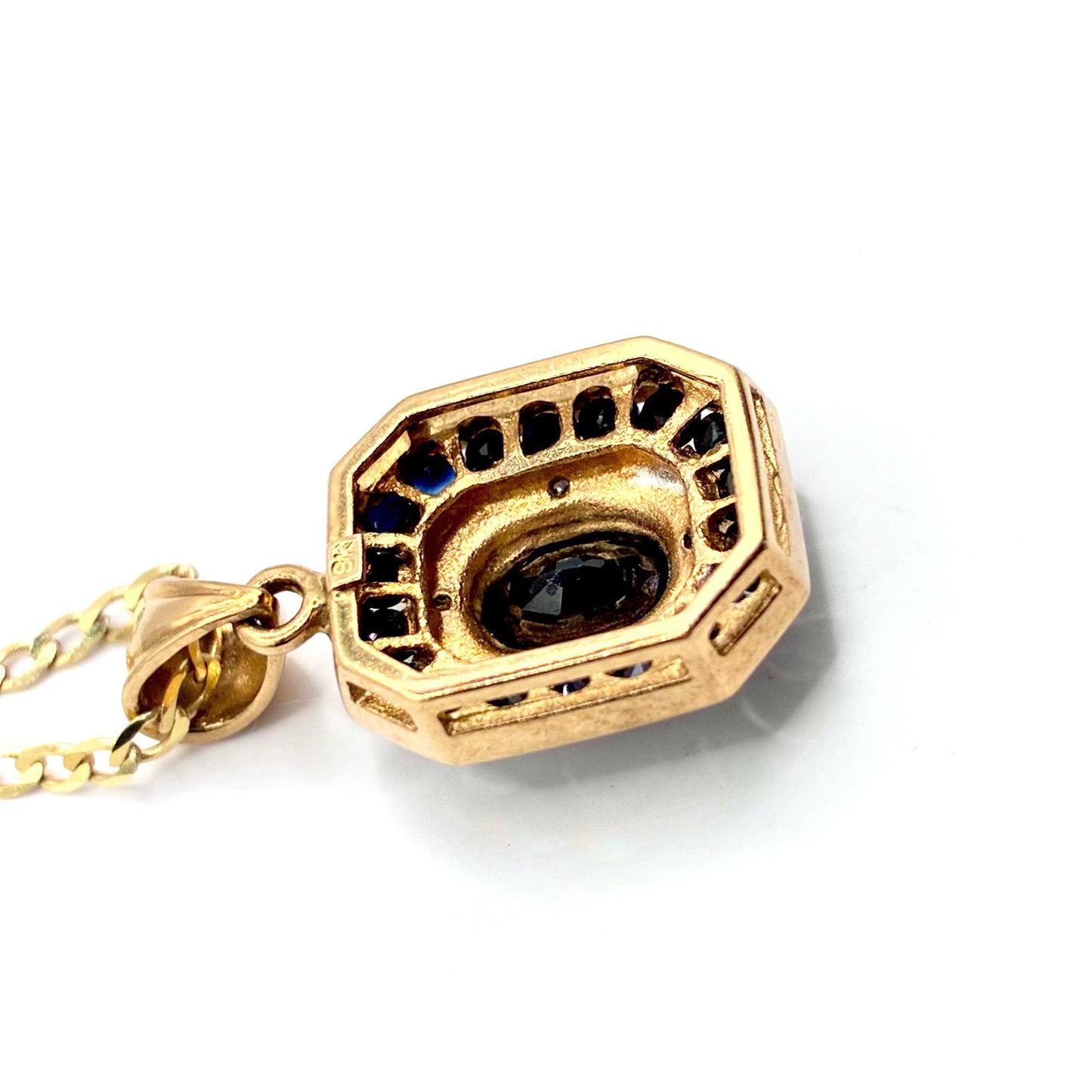 Vintage 1980s 9ct Gold Sapphire and Diamond Pendant Necklace, 18 Inch Chain