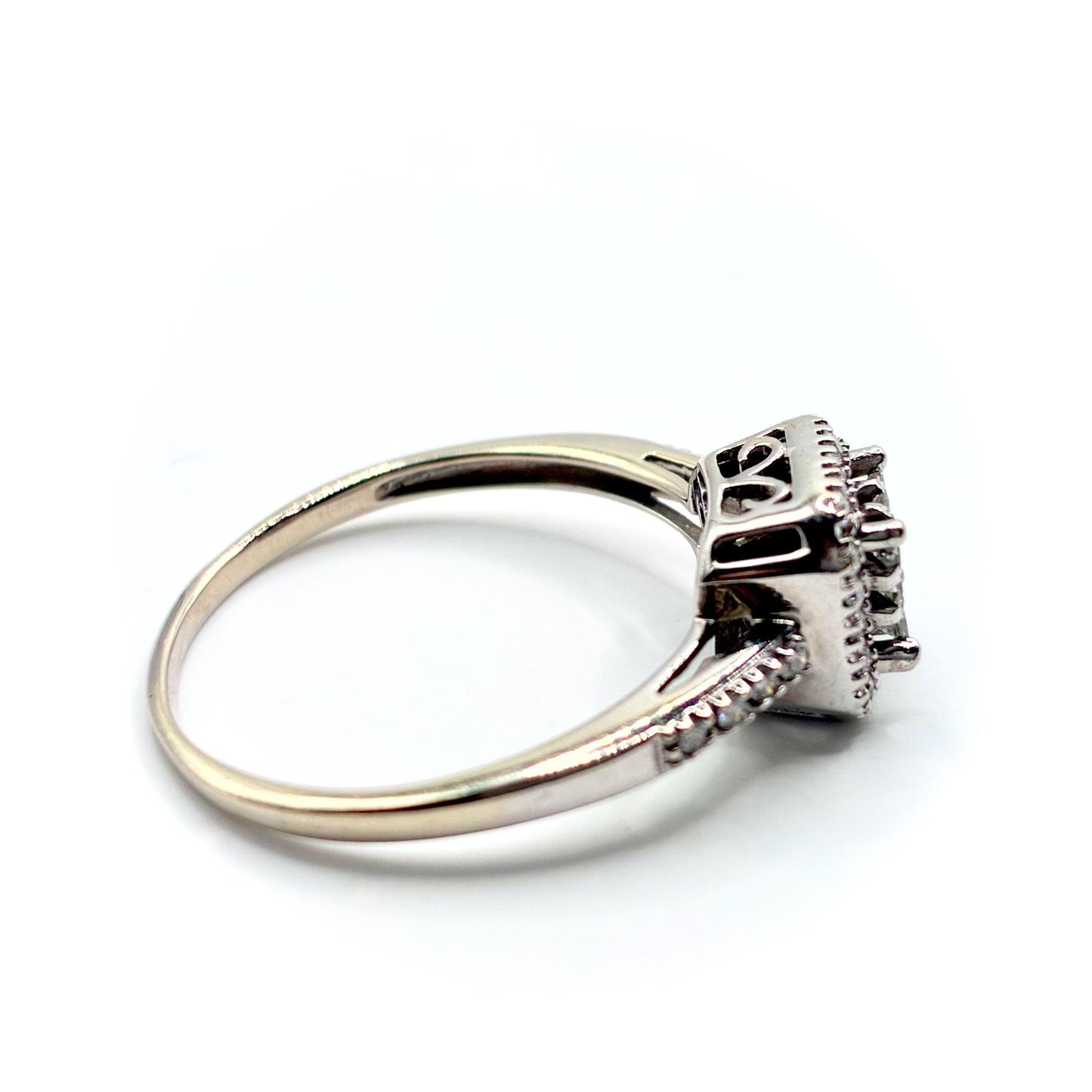 Vintage 1990s 10k White Gold Diamond Cluster Engagement Ring, UK Size P / US 7.5