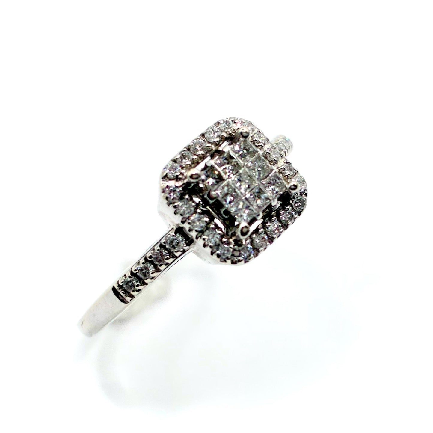 Vintage 1990s 10k White Gold Diamond Cluster Engagement Ring, UK Size P / US 7.5
