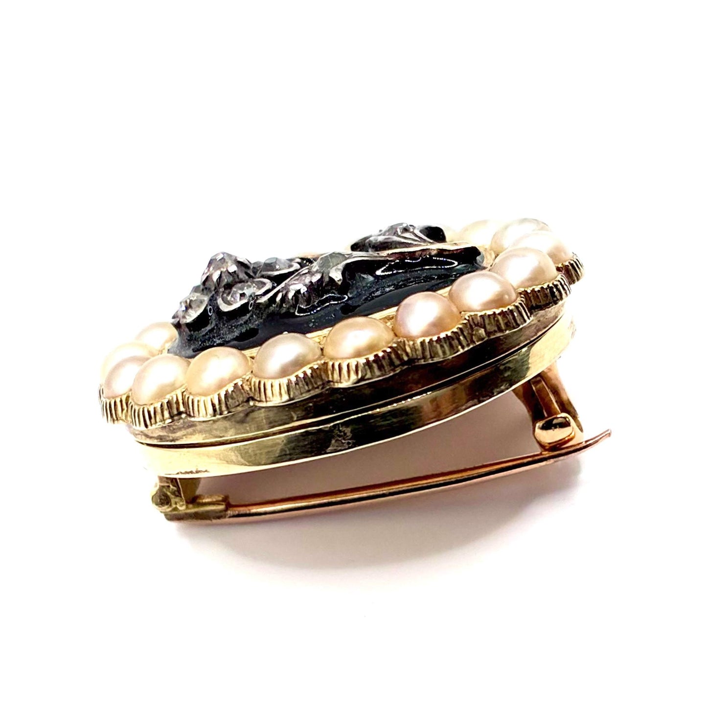 Edwardian 15ct Gold Enamel, Pearl and Diamond Mourning Locket Brooch, Dated 1901