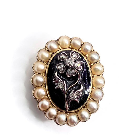Edwardian 15ct Gold Enamel, Pearl and Diamond Mourning Locket Brooch, Dated 1901