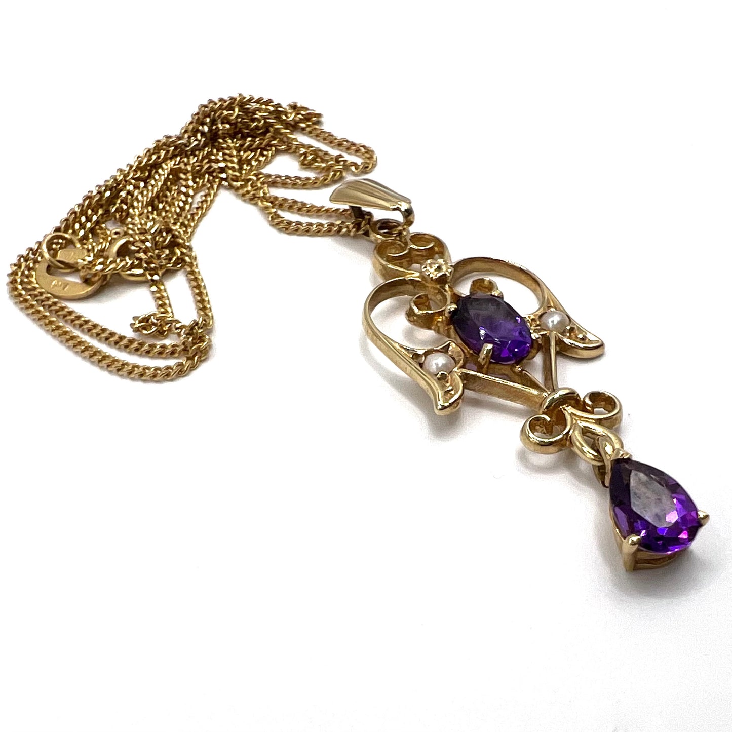 9ct Gold Vintage Amethyst and Seed Pearl Pendant with 46 cm Fine Gold Chain