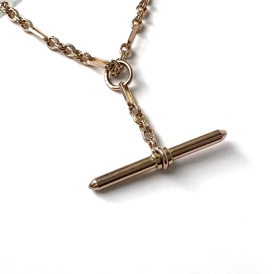 Antique Solid 9ct Gold Double Albert Fancy Link Pocket Watch Chain Necklace with T-bar and Dog Clips
