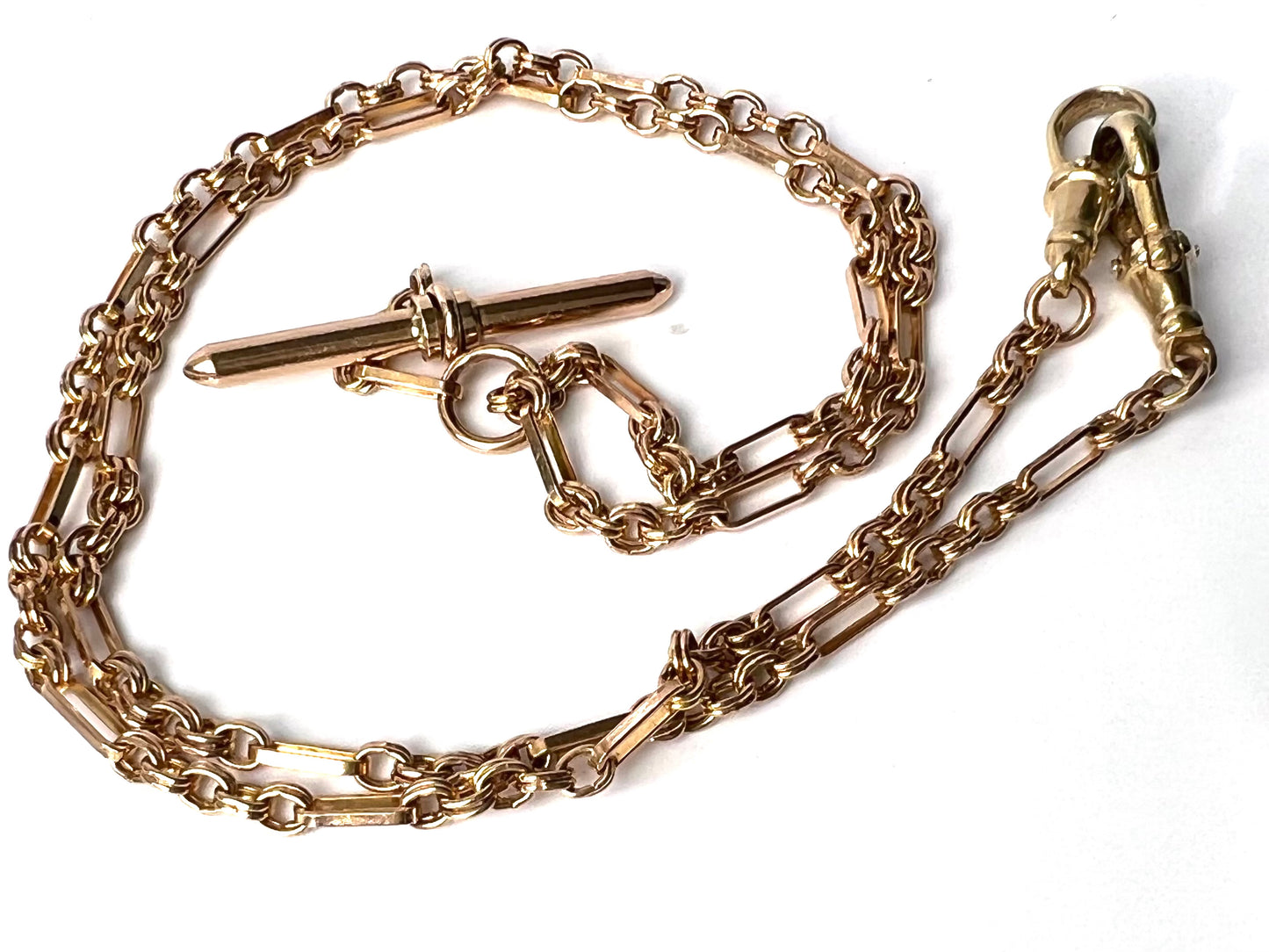 Antique Solid 9ct Gold Double Albert Fancy Link Pocket Watch Chain Necklace with T-bar and Dog Clips