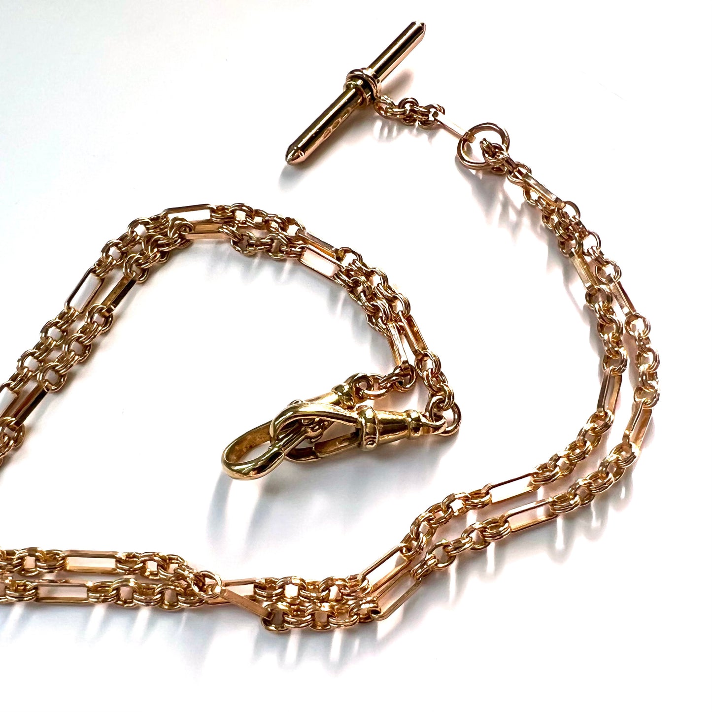 Antique Solid 9ct Gold Double Albert Fancy Link Pocket Watch Chain Necklace with T-bar and Dog Clips