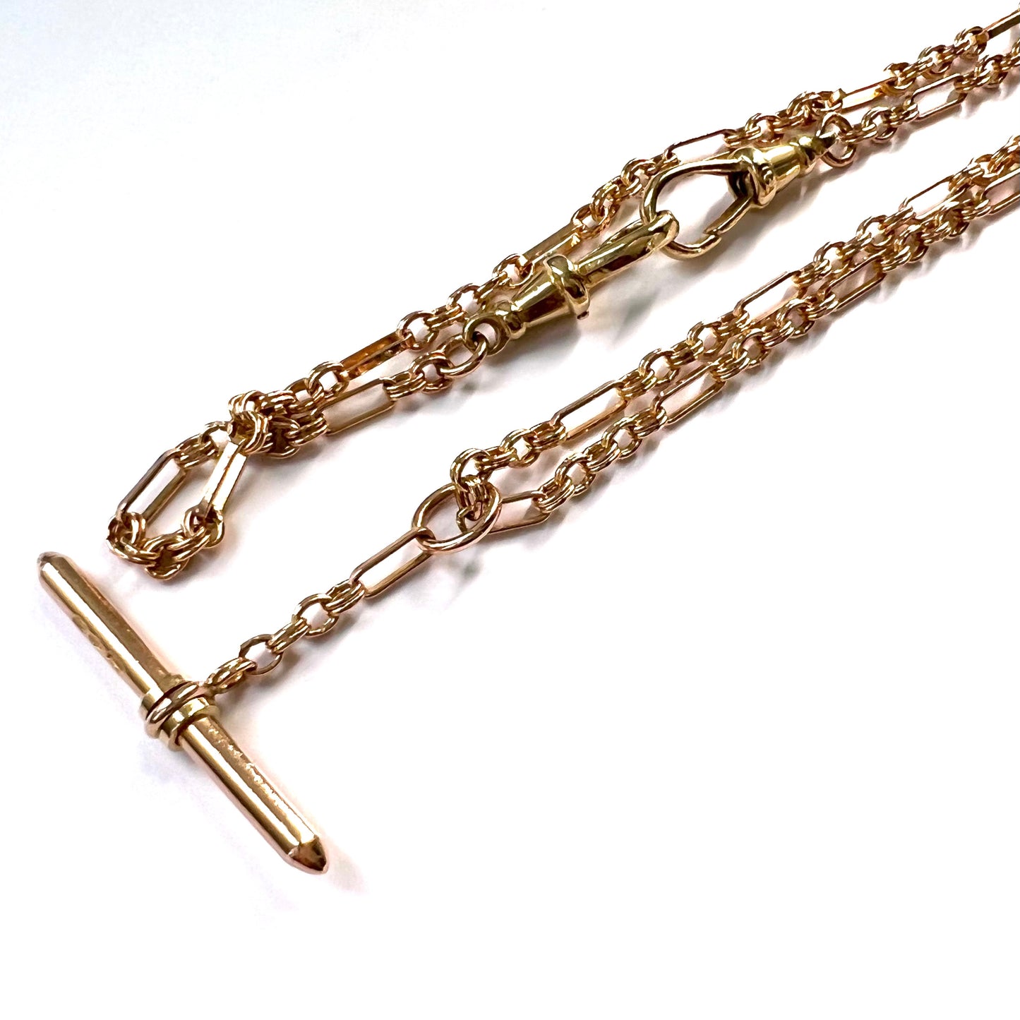 Antique Solid 9ct Gold Double Albert Fancy Link Pocket Watch Chain Necklace with T-bar and Dog Clips