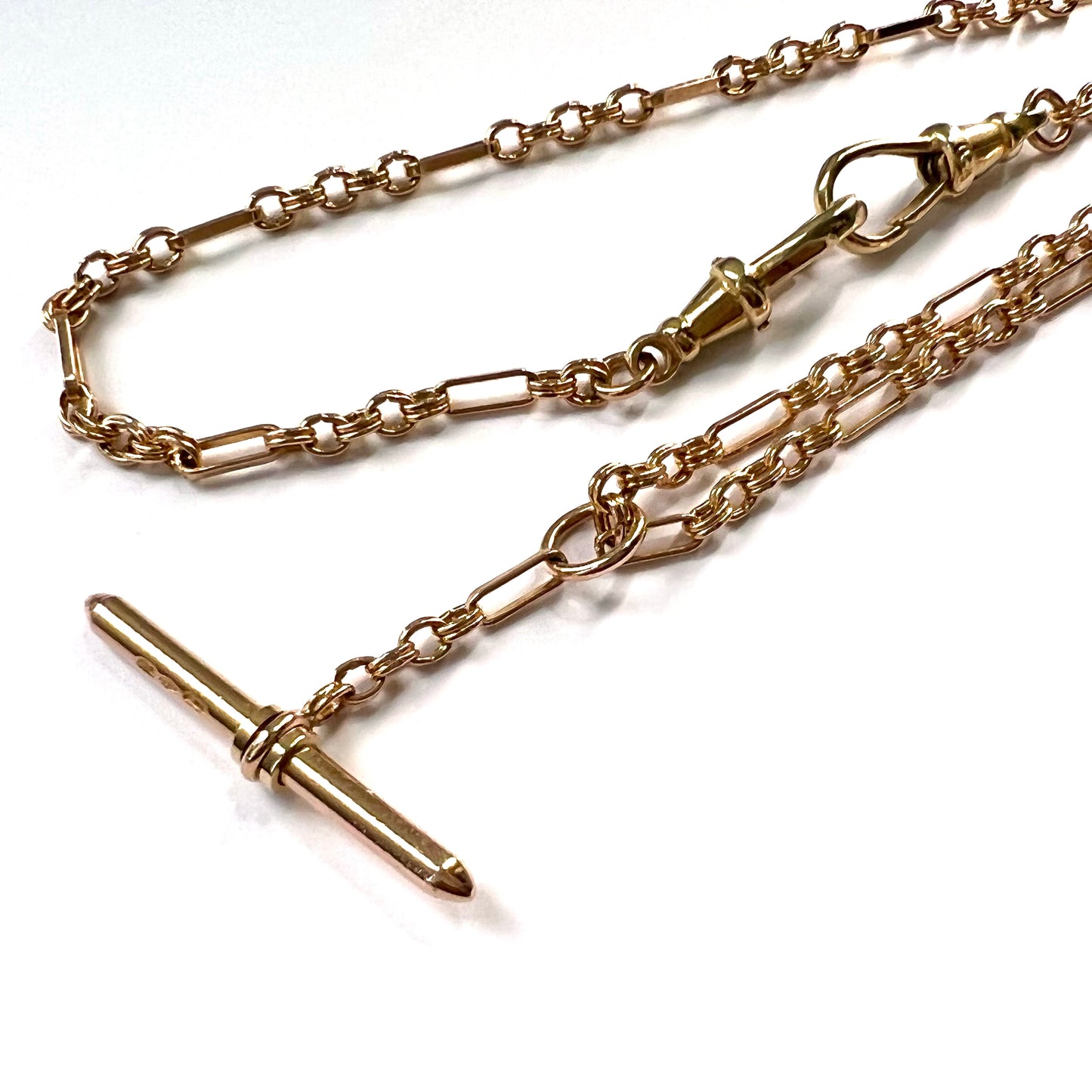 Antique Solid 9ct Gold Double Albert Fancy Link Pocket Watch Chain Necklace with T-bar and Dog Clips