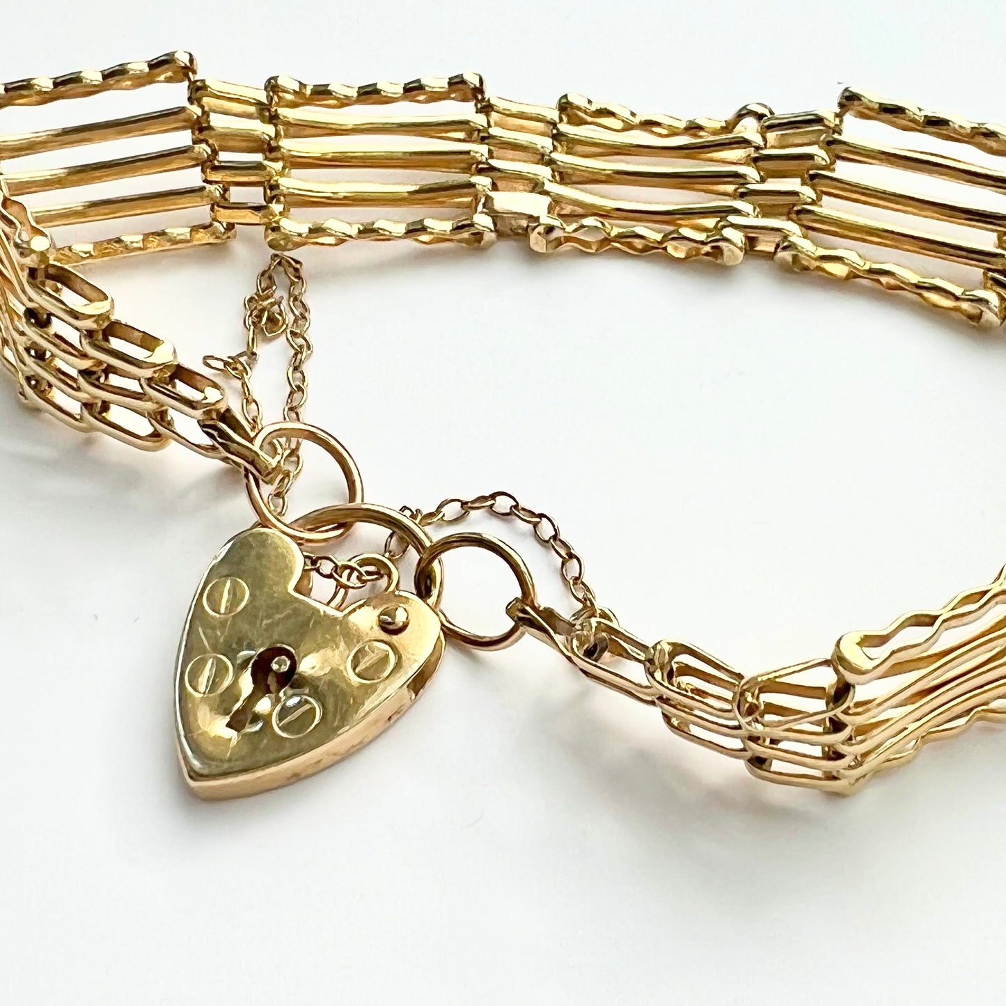 9ct Gold 5 Bar Gate Bracelet with Heart Padlock Clasp and Safety Chain