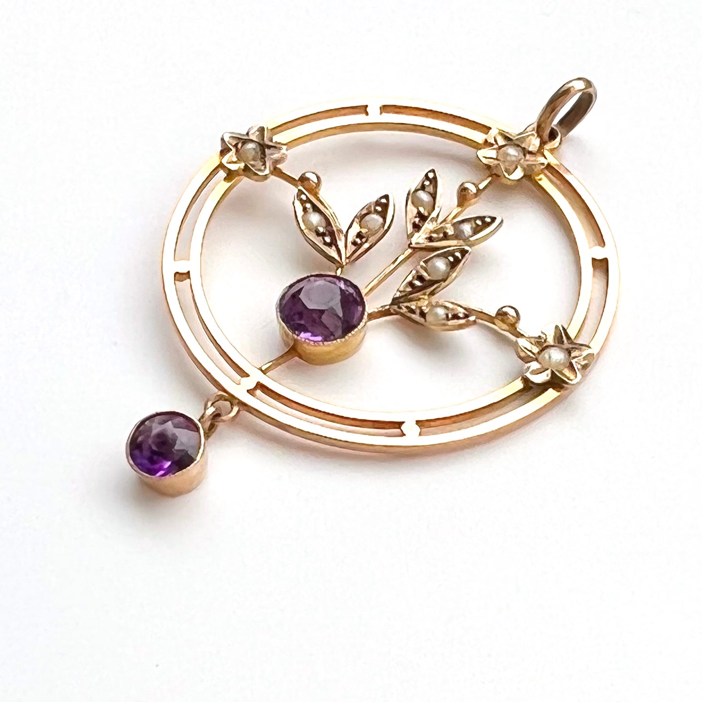 9ct Victorian Art Nouveau Rosey Gold Amethyst and Seed Pearl Pendant