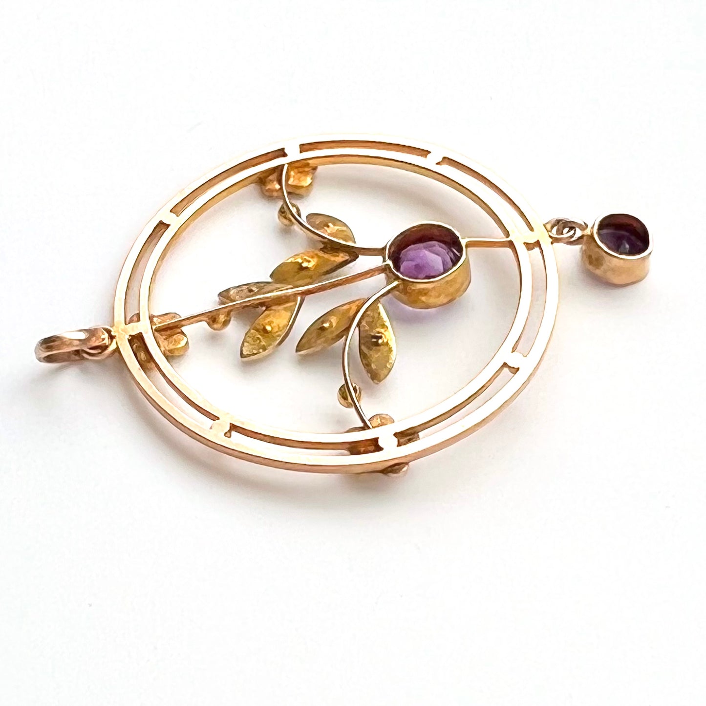 9ct Victorian Art Nouveau Rosey Gold Amethyst and Seed Pearl Pendant