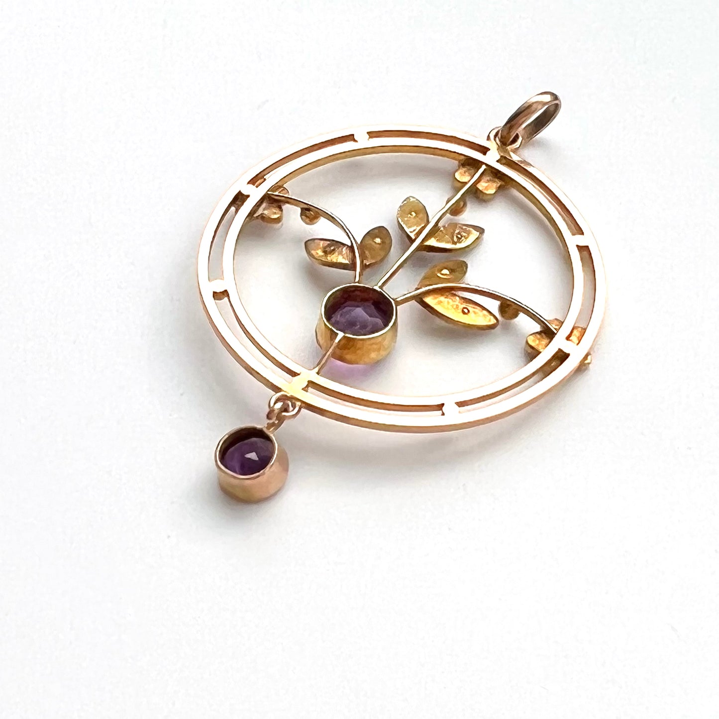 9ct Victorian Art Nouveau Rosey Gold Amethyst and Seed Pearl Pendant