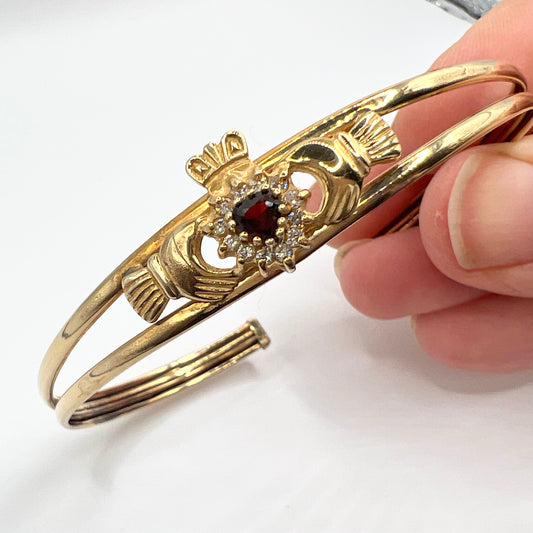 Antique 9ct Gold Claddagh Cuff Bracelet with Diamonds and Garnet Heart