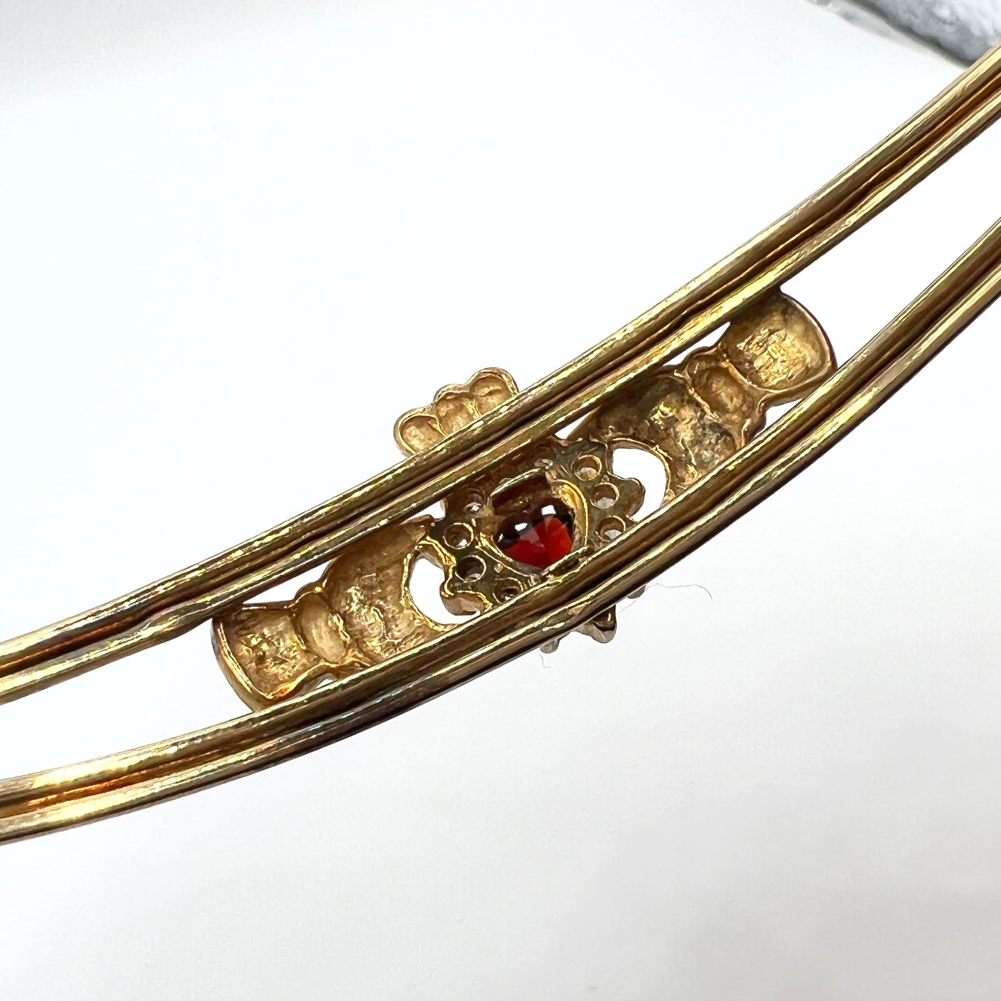 Antique 9ct Gold Claddagh Cuff Bracelet with Diamonds and Garnet Heart