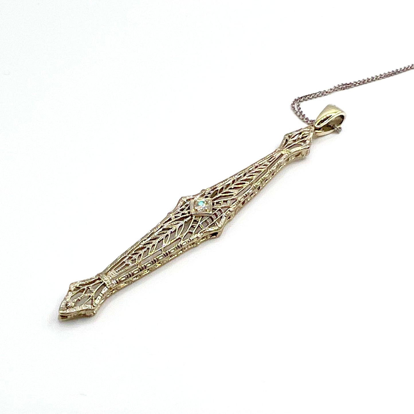 Art Deco 14 ct White Gold Pendant with Central Brilliant Cut Diamond, Reworked from Antique Brooch