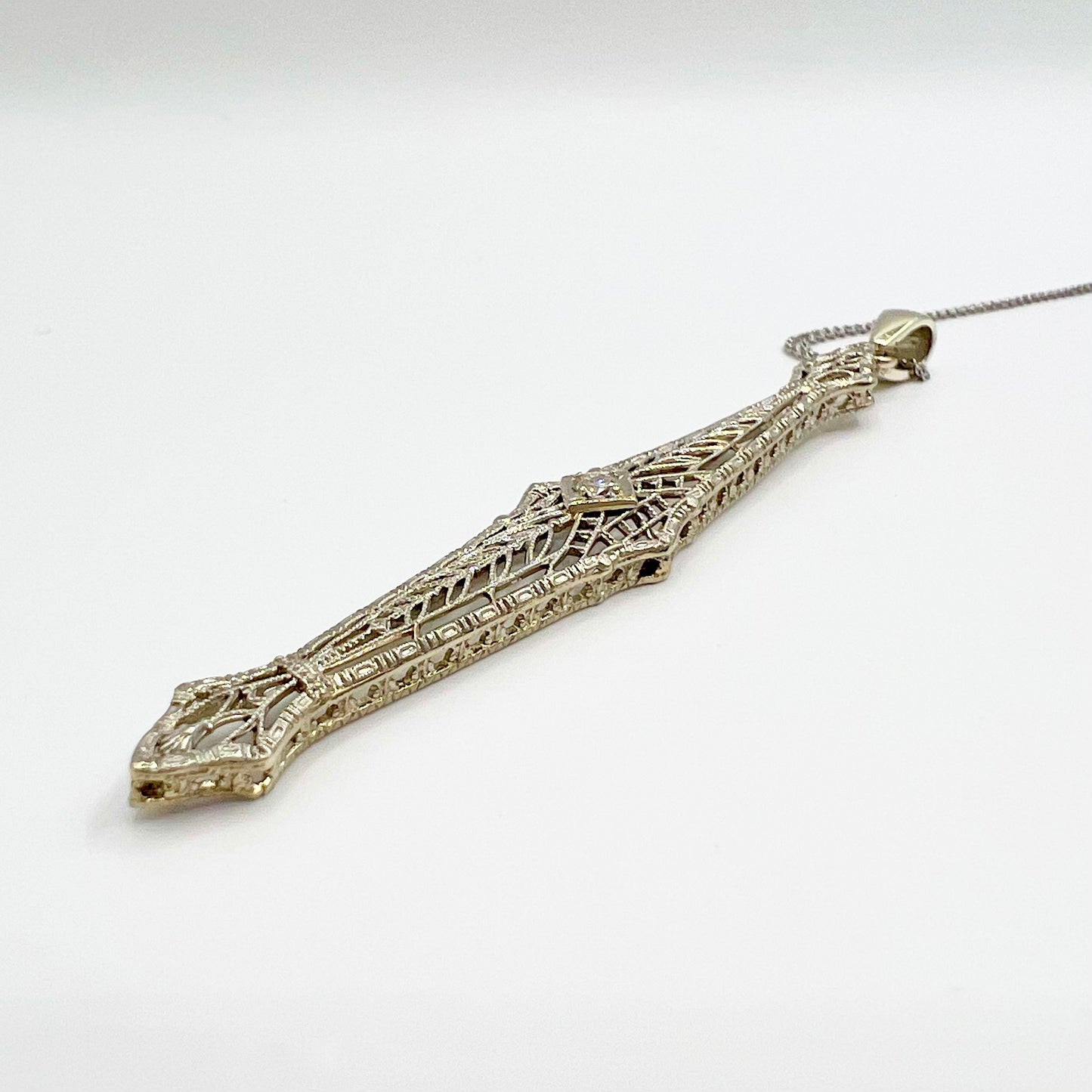 Art Deco 14 ct White Gold Pendant with Central Brilliant Cut Diamond, Reworked from Antique Brooch