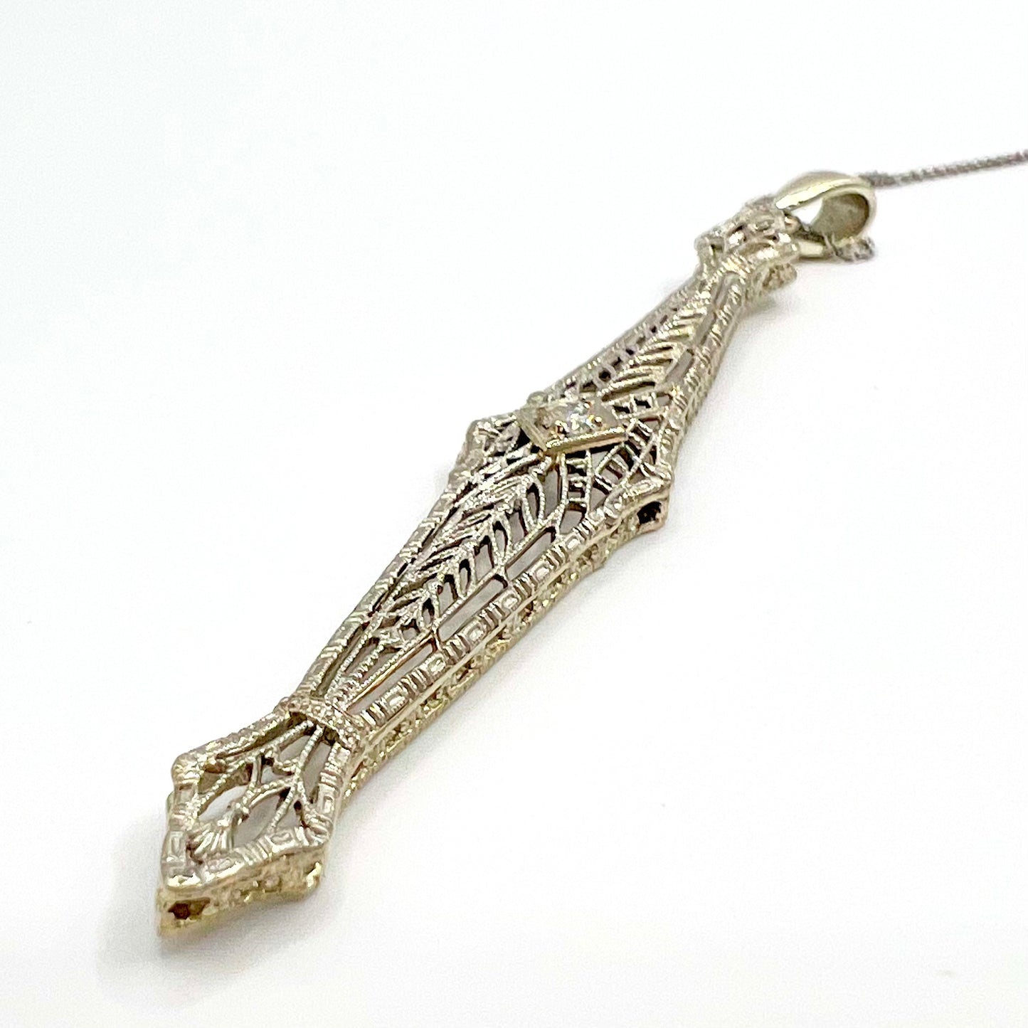 Art Deco 14 ct White Gold Pendant with Central Brilliant Cut Diamond, Reworked from Antique Brooch