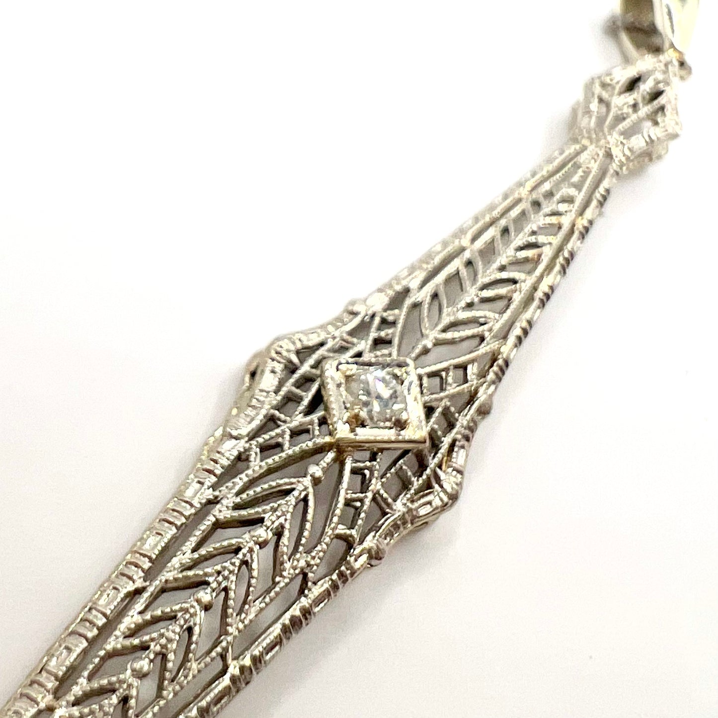 Art Deco 14 ct White Gold Pendant with Central Brilliant Cut Diamond, Reworked from Antique Brooch