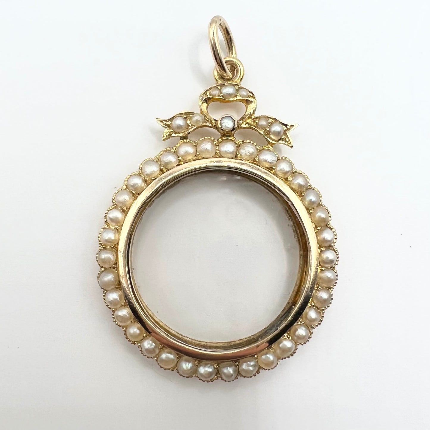 Edwardian 9ct Gold and Seed Pearl Glass Double Sided Circular Locket