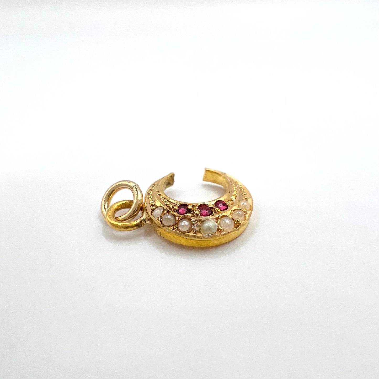 15ct Gold Ruby and Seed Pearl Crescent Charm Pendant