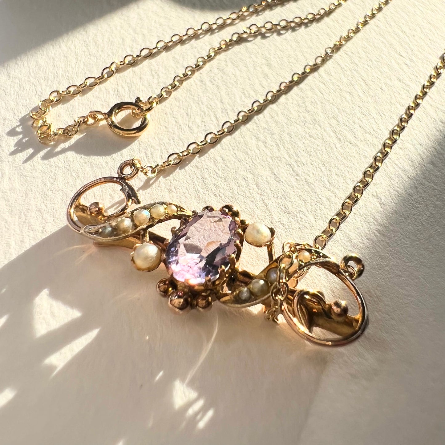 9ct Gold Victorian Amethyst and Seed Pearl Pendant Necklace