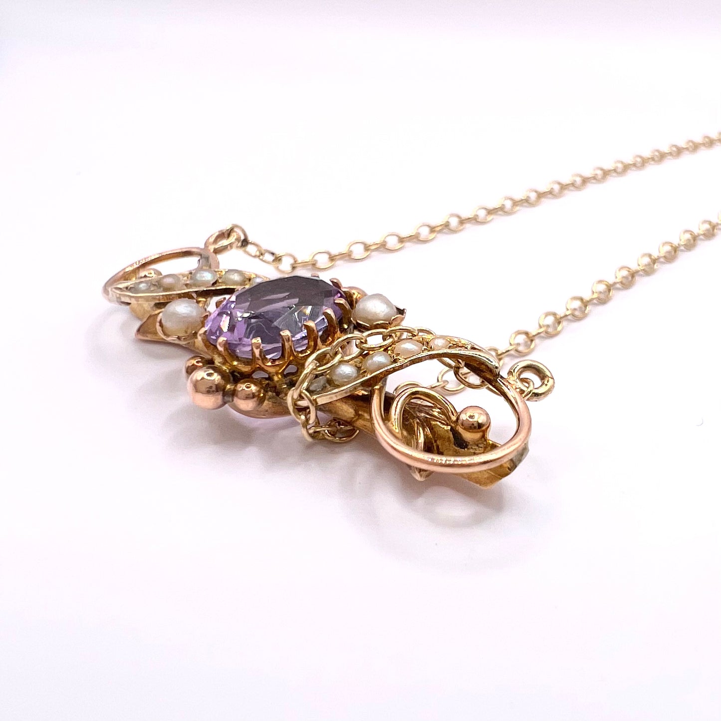 9ct Gold Victorian Amethyst and Seed Pearl Pendant Necklace