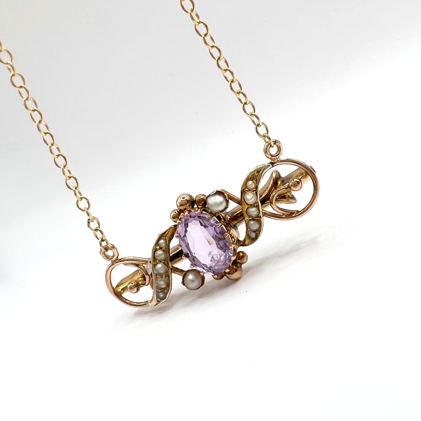 9ct Gold Victorian Amethyst and Seed Pearl Pendant Necklace