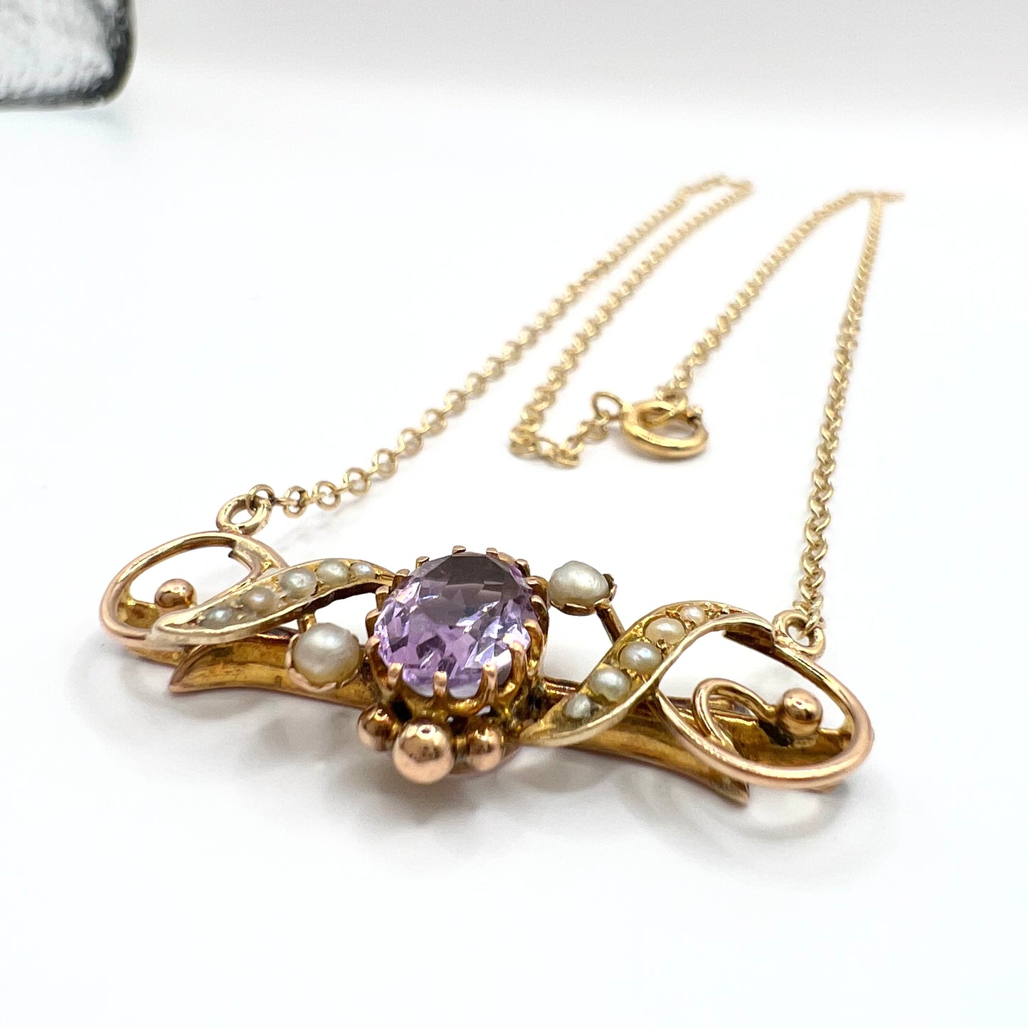 9ct Gold Victorian Amethyst and Seed Pearl Pendant Necklace