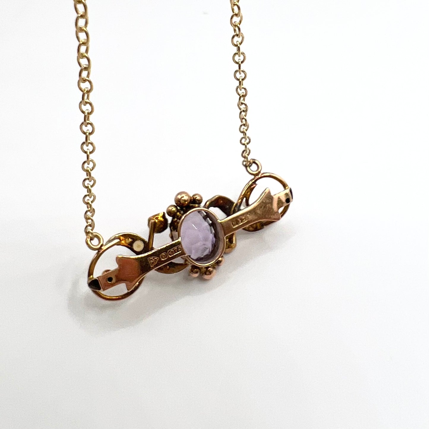 9ct Gold Victorian Amethyst and Seed Pearl Pendant Necklace