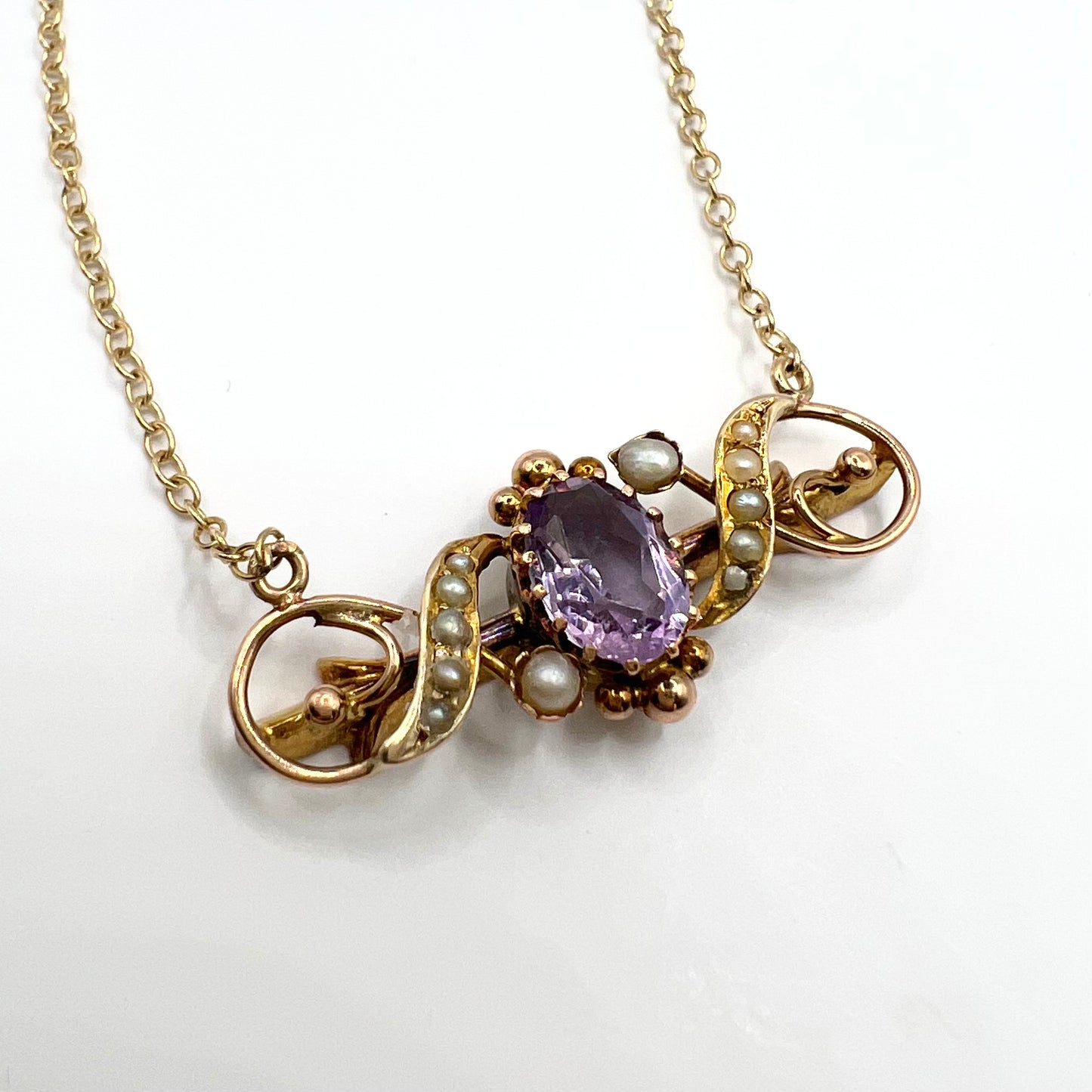 9ct Gold Victorian Amethyst and Seed Pearl Pendant Necklace