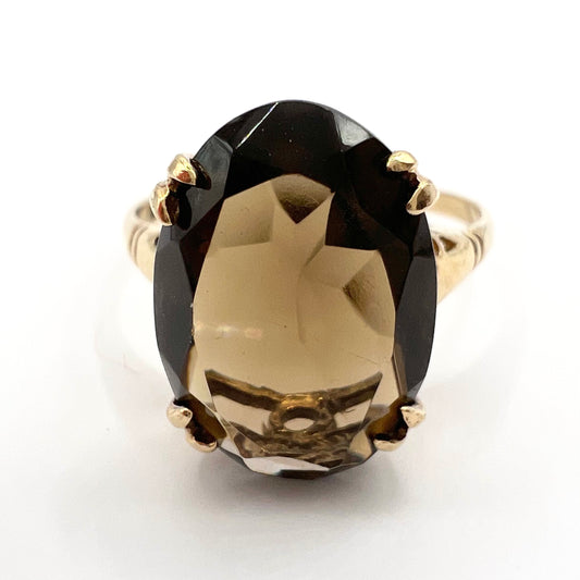 Vintage 9ct Gold Oval Cut Smoky Quartz Cocktail Ring, Size P