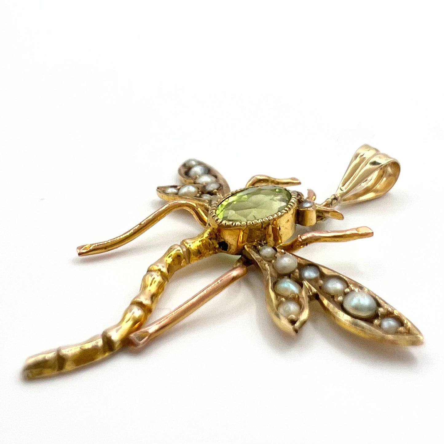 Victorian 9ct Gold Peridot and Seed Pearl Dragonfly Pendant