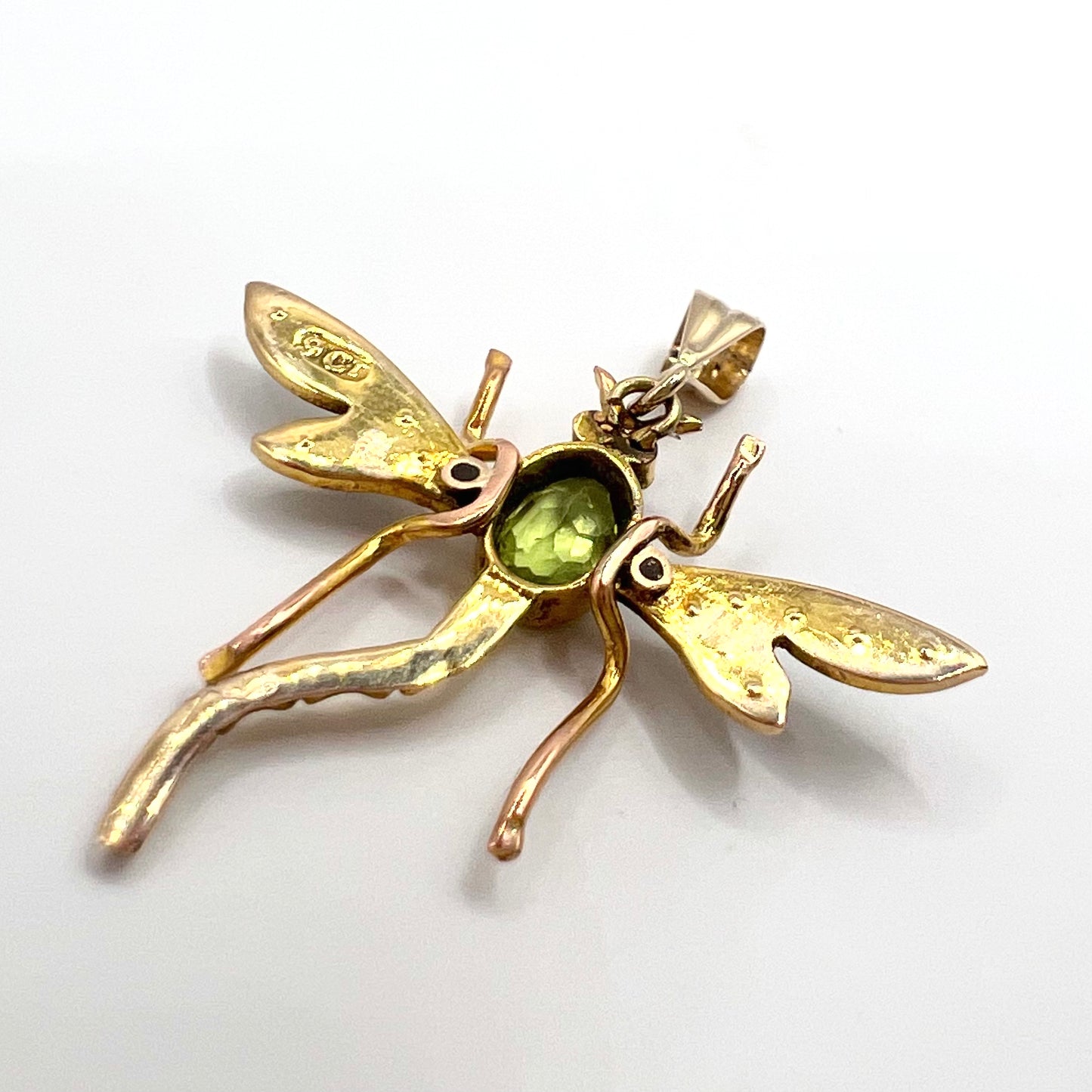 Victorian 9ct Gold Peridot and Seed Pearl Dragonfly Pendant