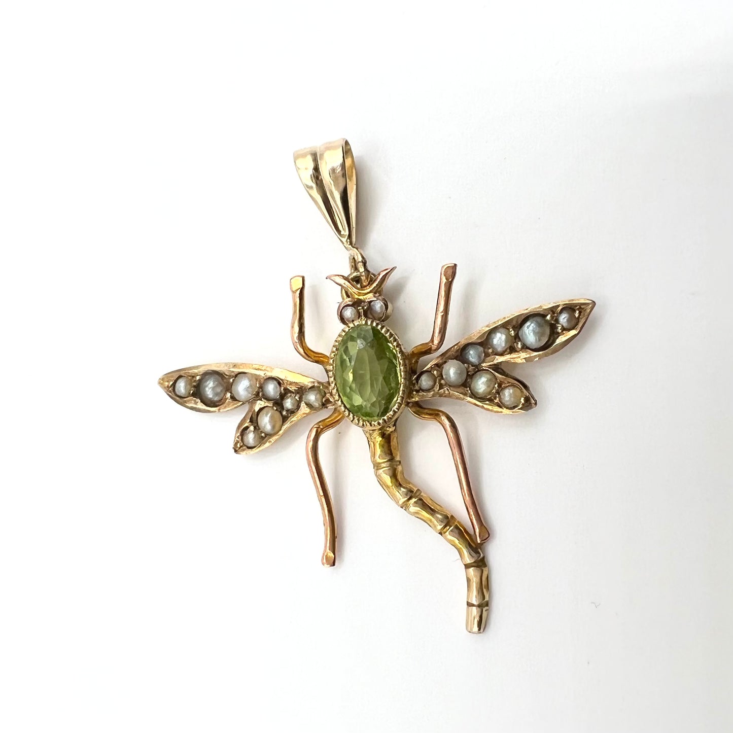 Victorian 9ct Gold Peridot and Seed Pearl Dragonfly Pendant