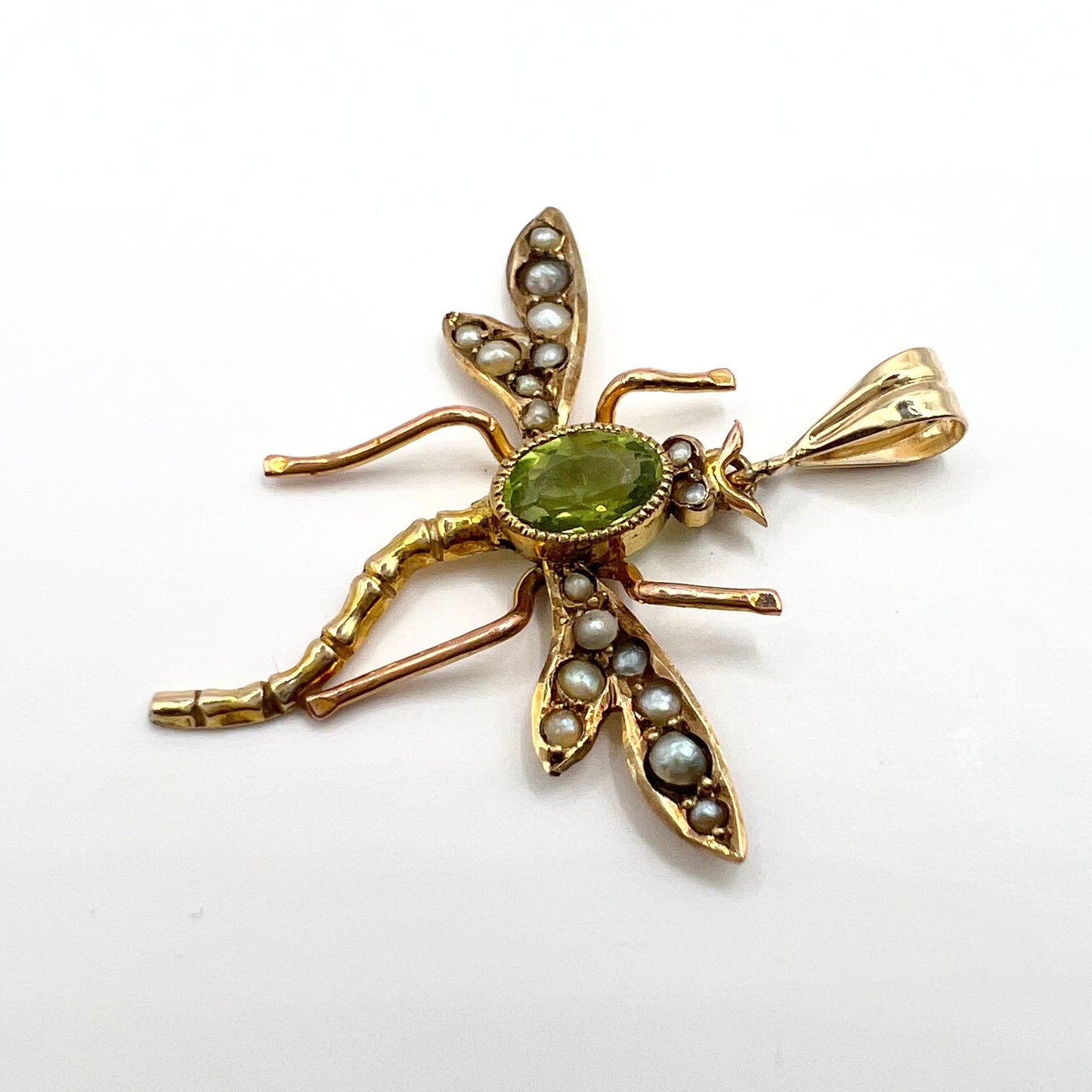 Victorian 9ct Gold Peridot and Seed Pearl Dragonfly Pendant