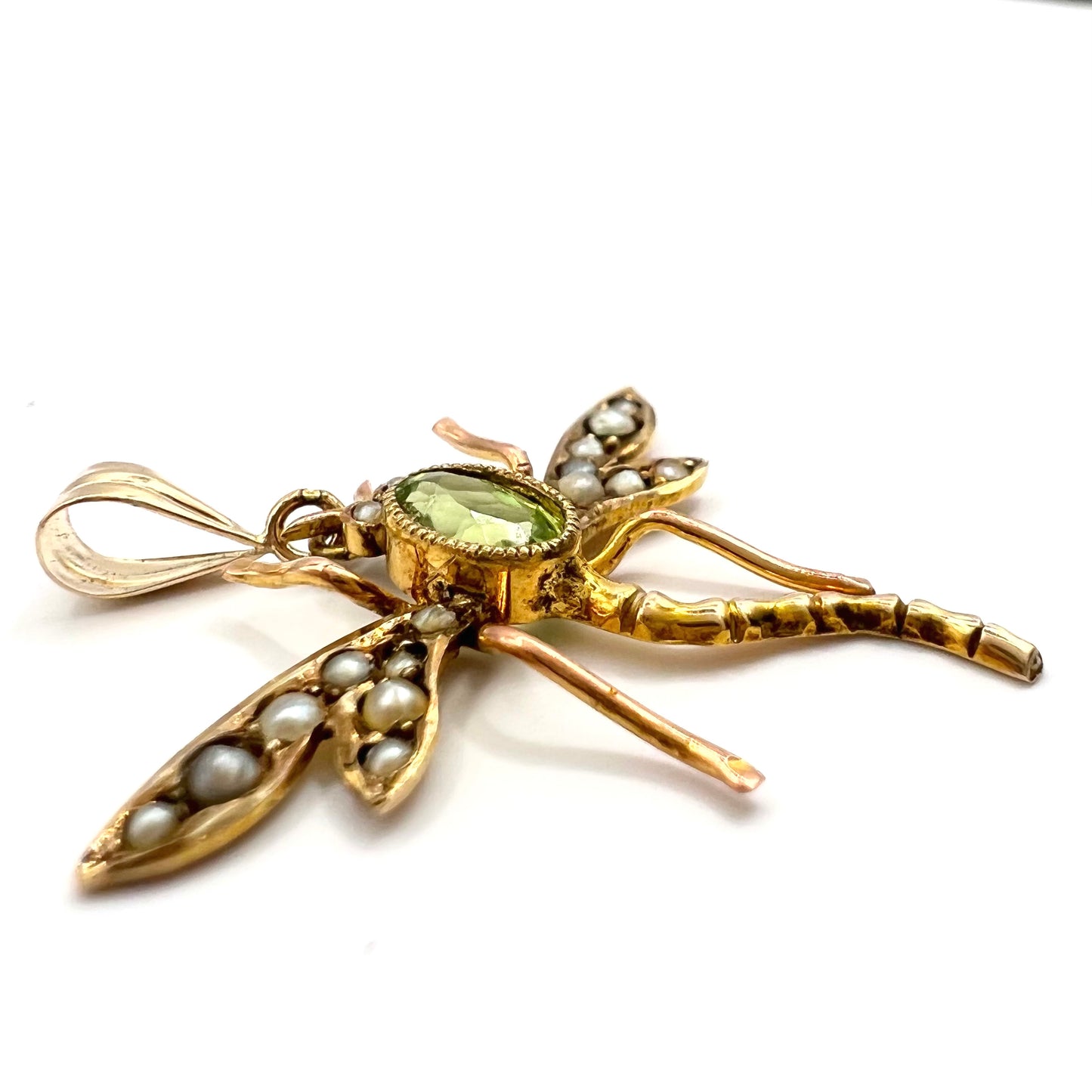 Victorian 9ct Gold Peridot and Seed Pearl Dragonfly Pendant