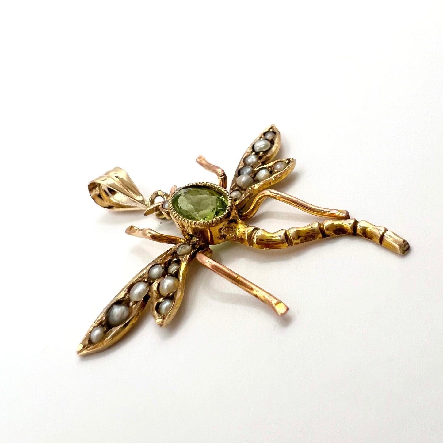 Victorian 9ct Gold Peridot and Seed Pearl Dragonfly Pendant