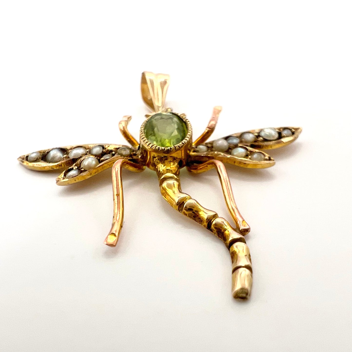 Victorian 9ct Gold Peridot and Seed Pearl Dragonfly Pendant