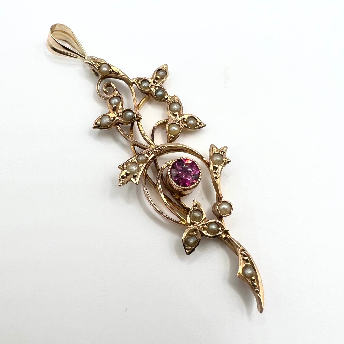 Victorian 9ct Gold Pink Sapphire and Seed Pearl Pendant