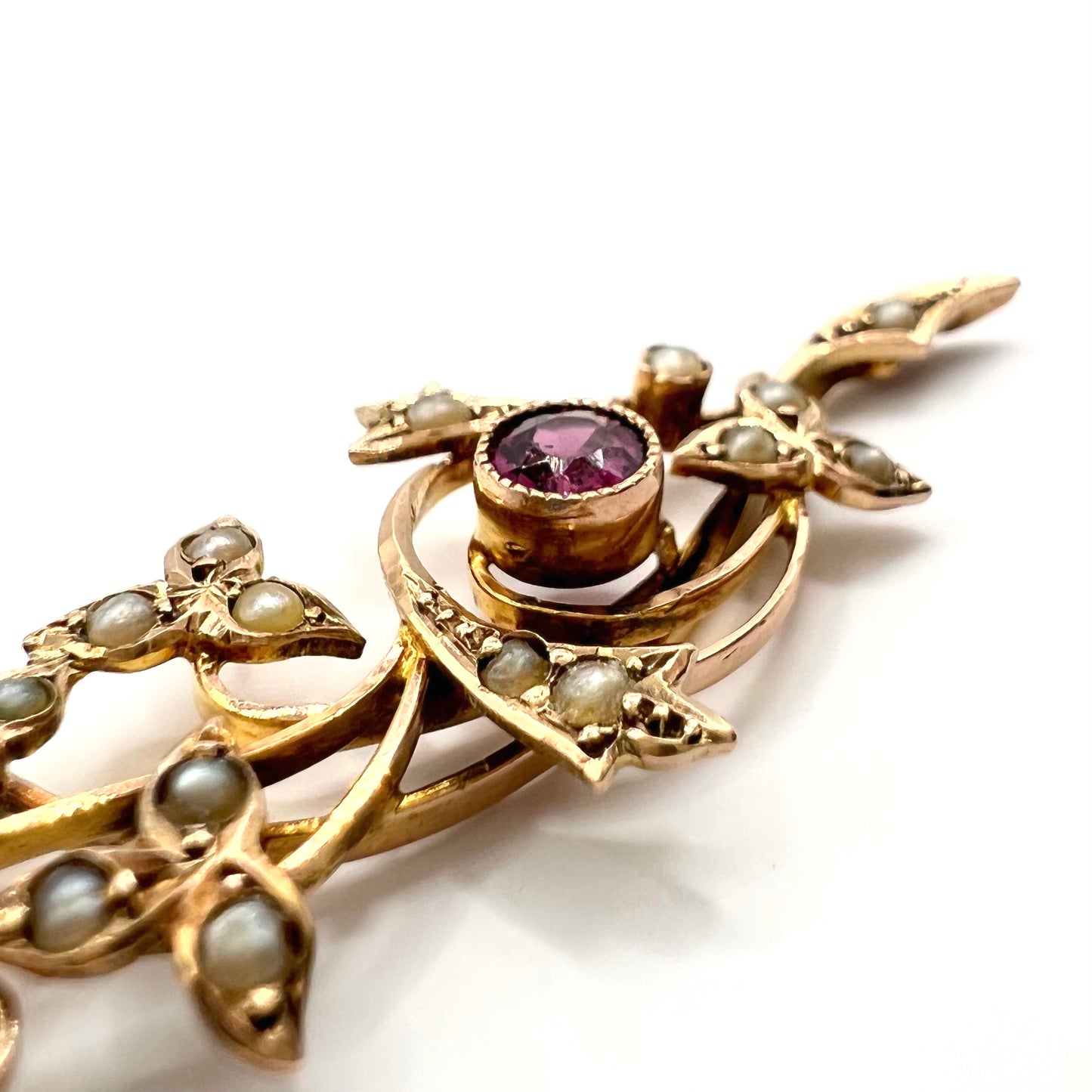 Victorian 9ct Gold Pink Sapphire and Seed Pearl Pendant