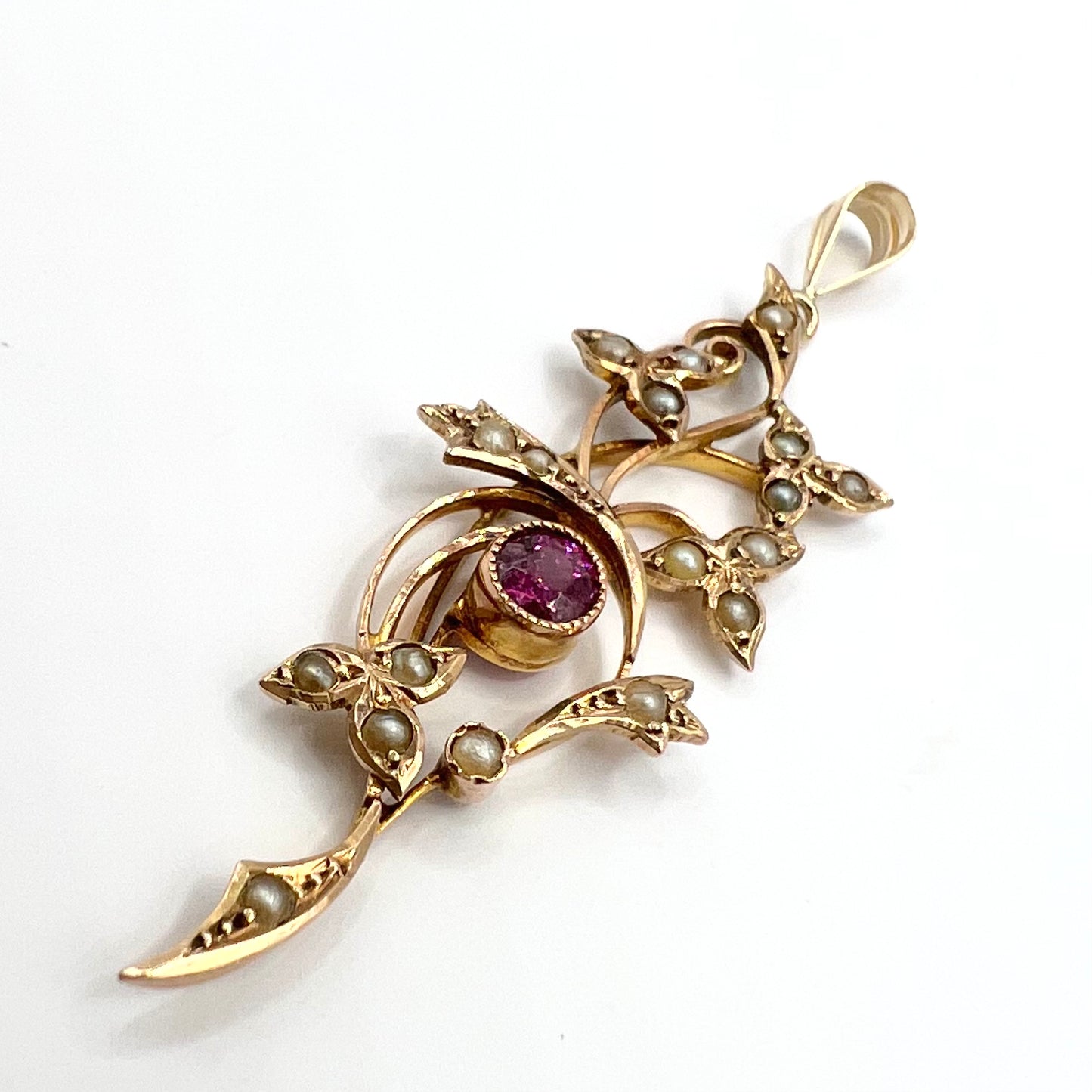 Victorian 9ct Gold Pink Sapphire and Seed Pearl Pendant