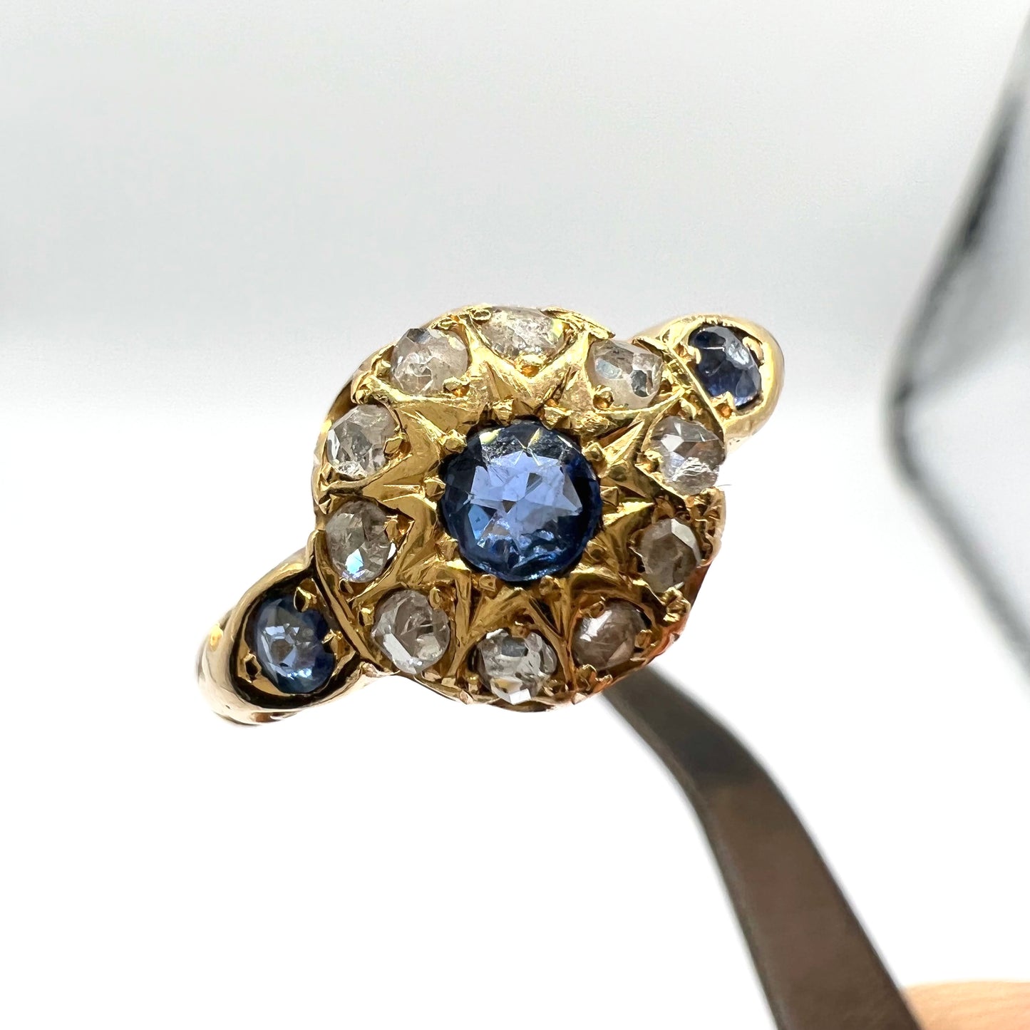 Victorian 18ct Gold Sapphire and Rose Cut Diamond Cluster Ring, Size M