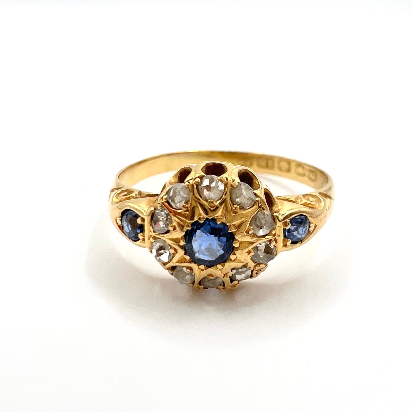 Victorian 18ct Gold Sapphire and Rose Cut Diamond Cluster Ring, Size M