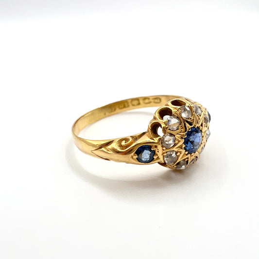 Victorian 18ct Gold Sapphire and Rose Cut Diamond Cluster Ring, Size M