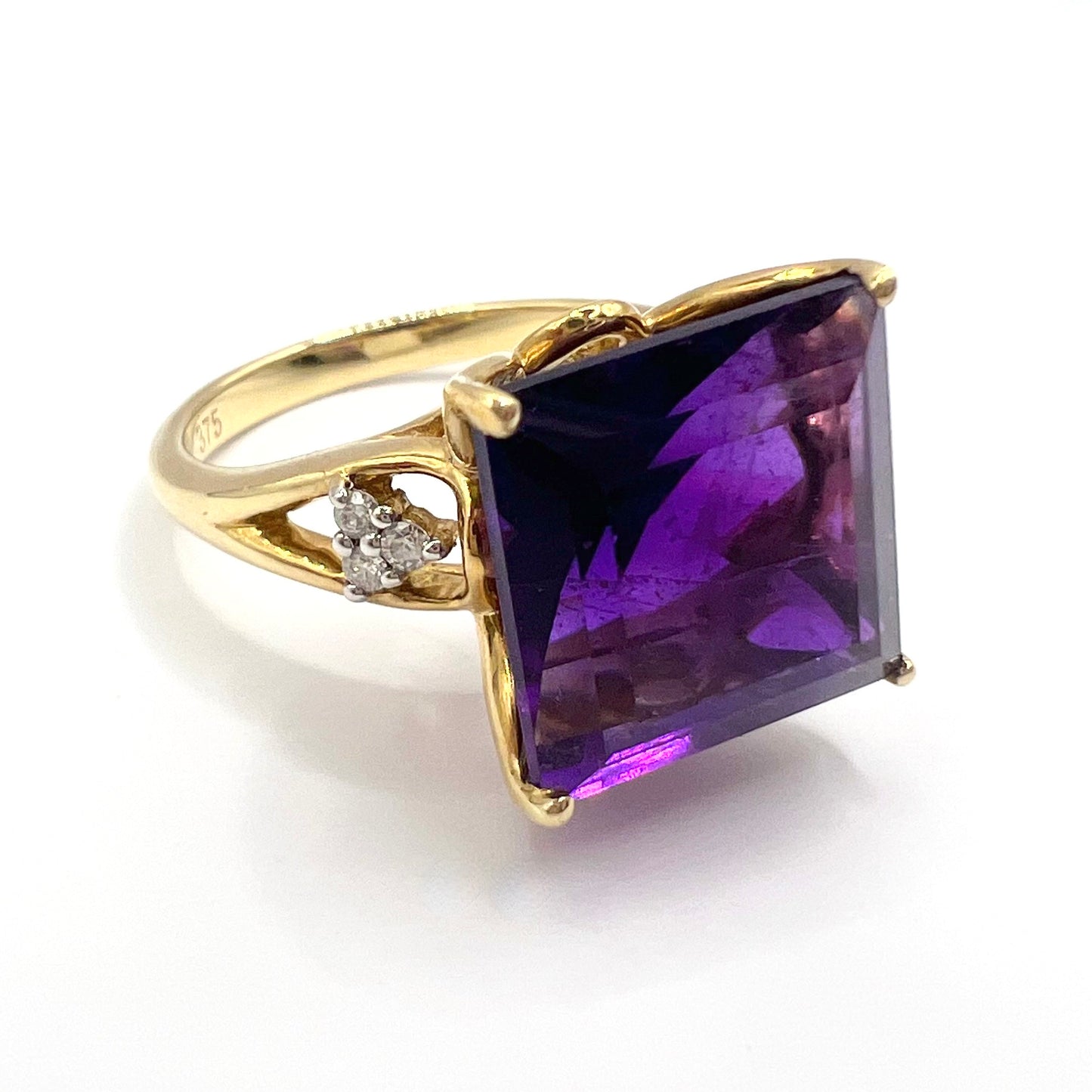 Vintage 9ct Gold Square Cut Amethyst and Diamond Cocktail Ring, Size M 1/2