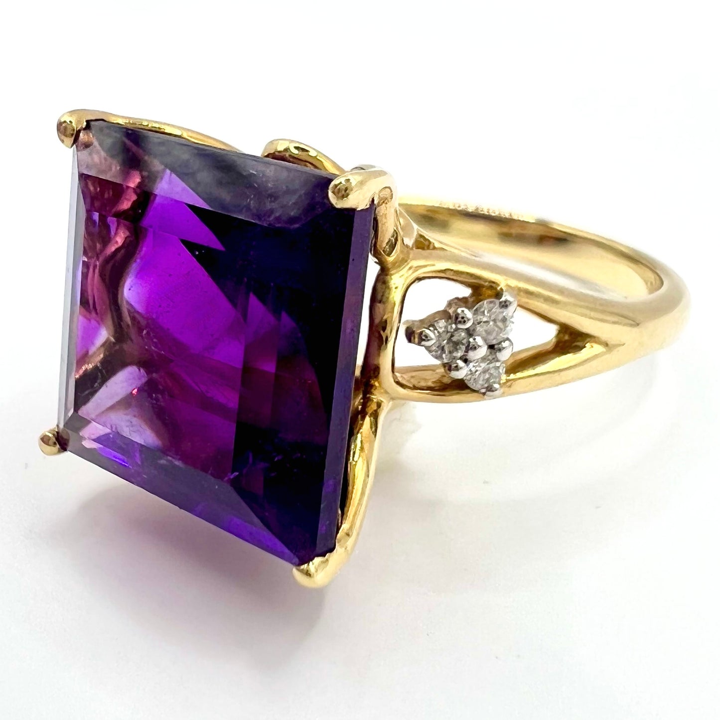 Vintage 9ct Gold Square Cut Amethyst and Diamond Cocktail Ring, Size M 1/2