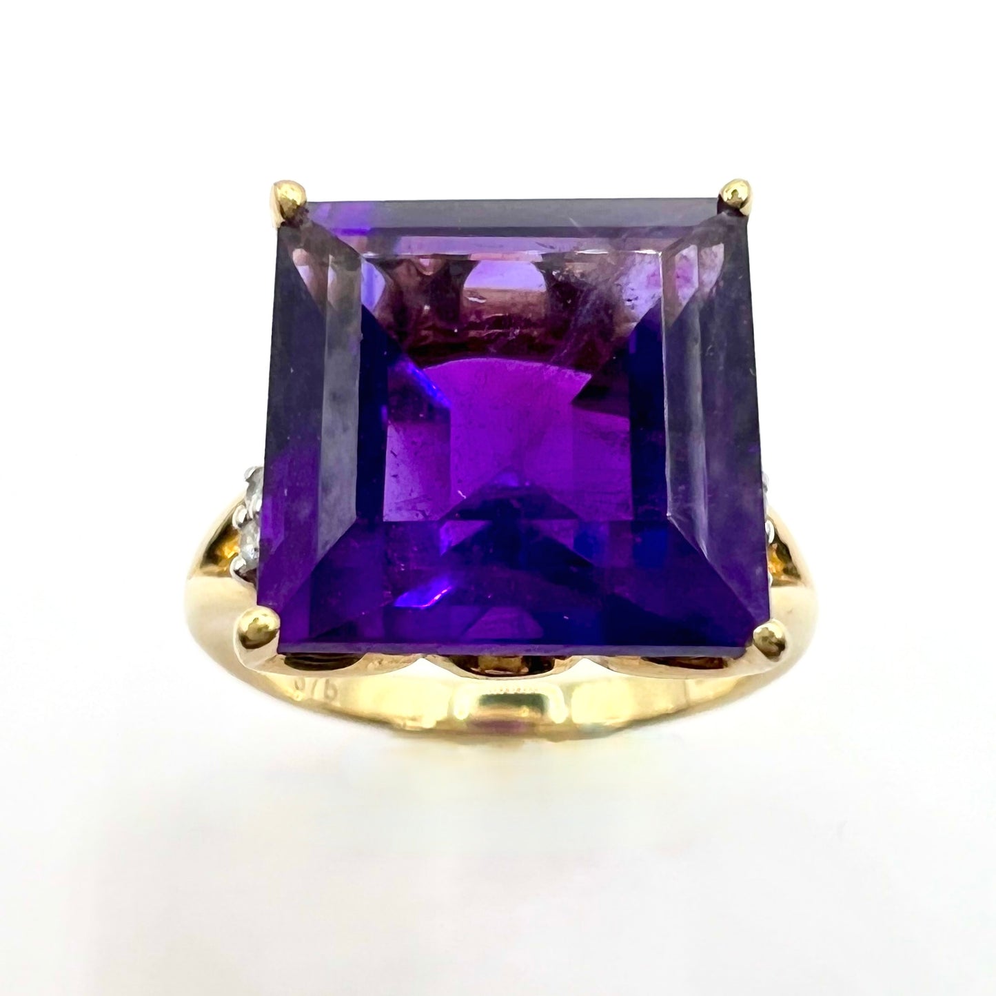 Vintage 9ct Gold Square Cut Amethyst and Diamond Cocktail Ring, Size M 1/2