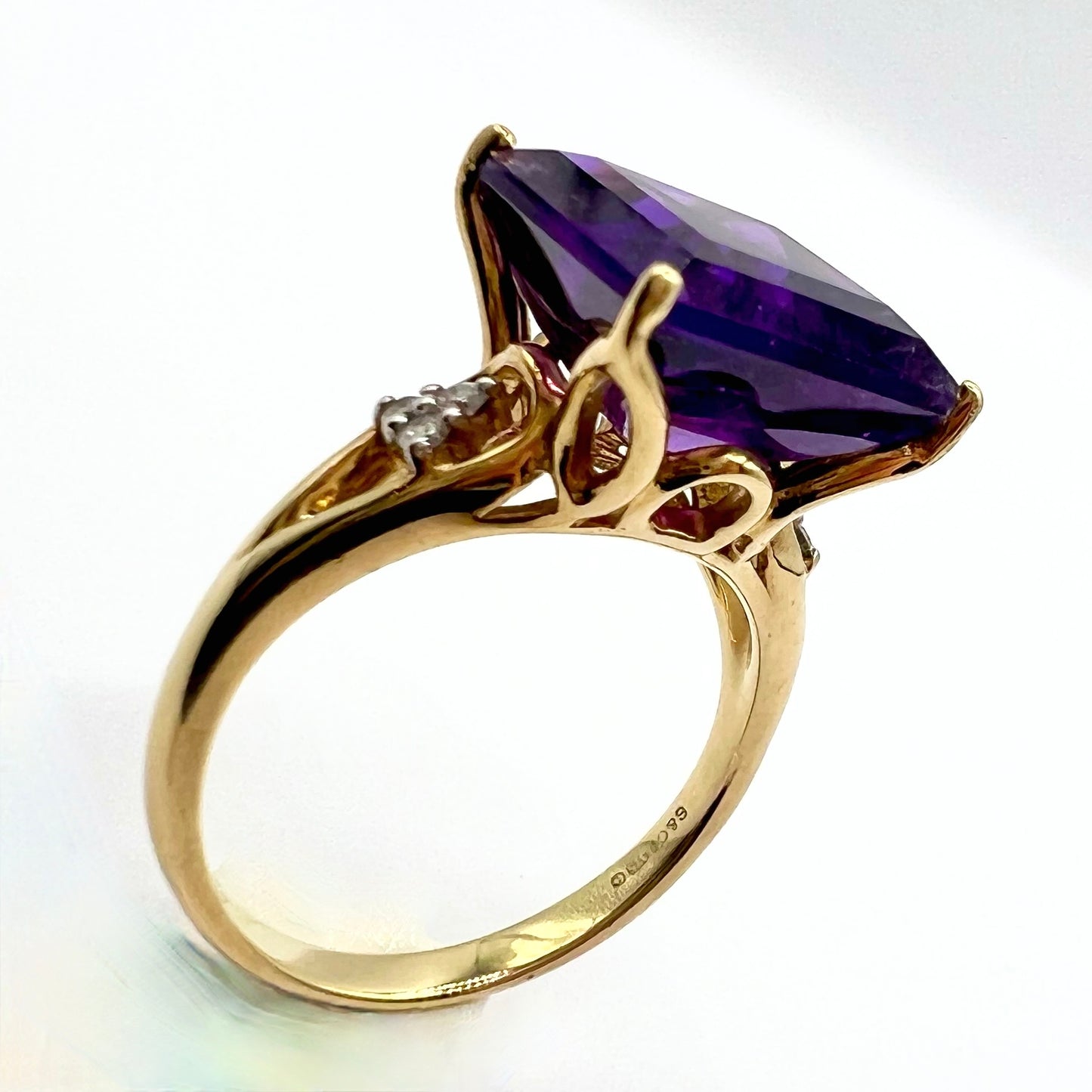 Vintage 9ct Gold Square Cut Amethyst and Diamond Cocktail Ring, Size M 1/2