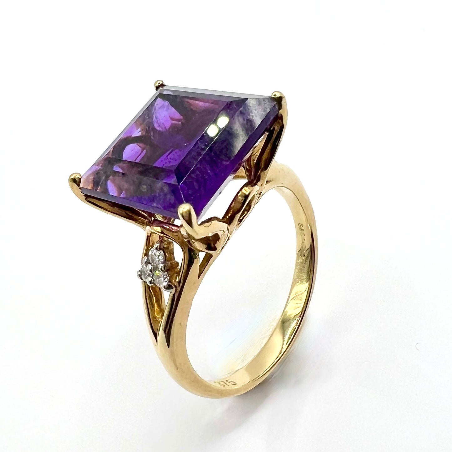 Vintage 9ct Gold Square Cut Amethyst and Diamond Cocktail Ring, Size M 1/2