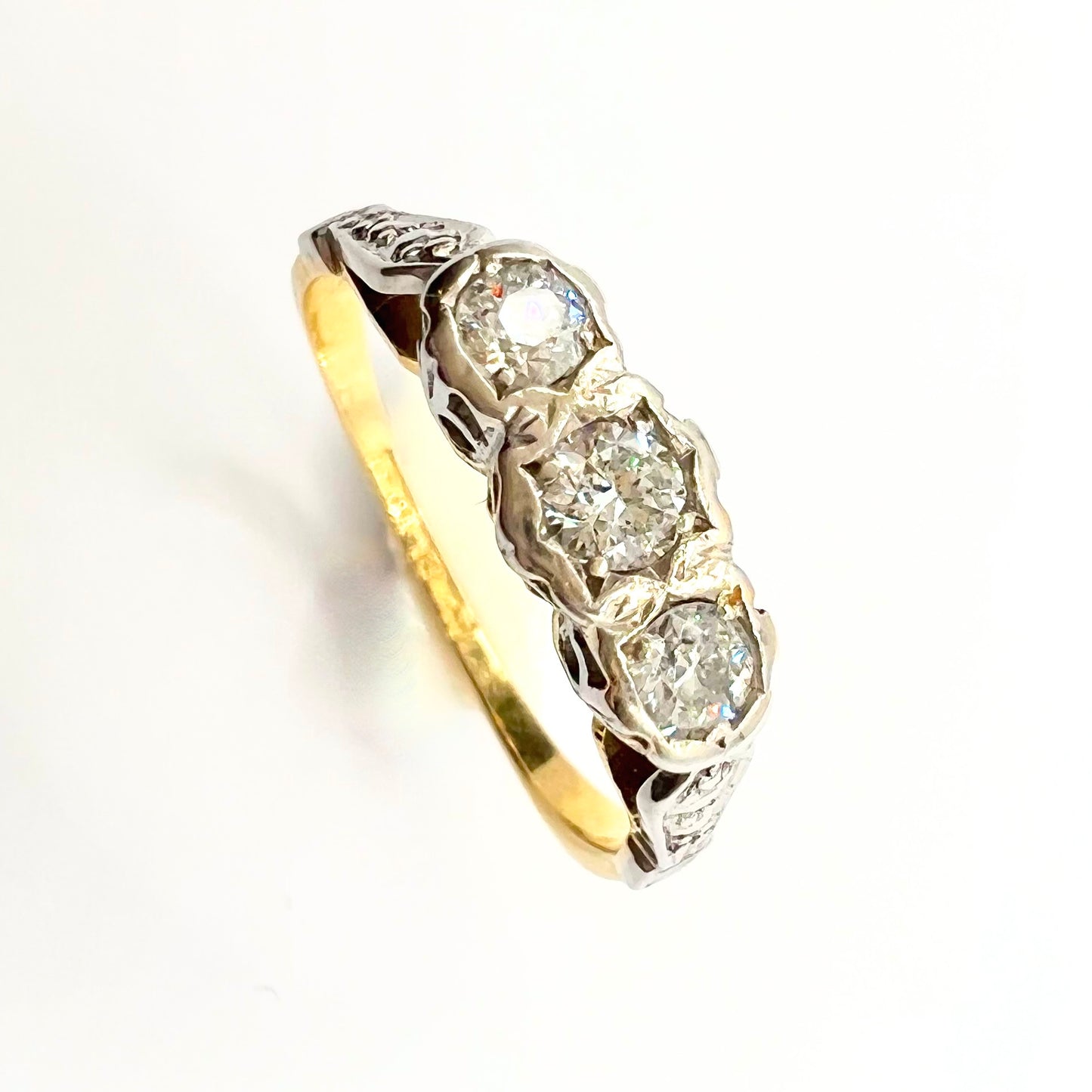 Victorian 18ct Gold and Platinum Three Stone Old Cut Diamond Ring, Size J